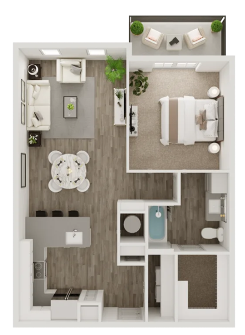Floor plan for 1 bed, 1 bath, 741 sqft
